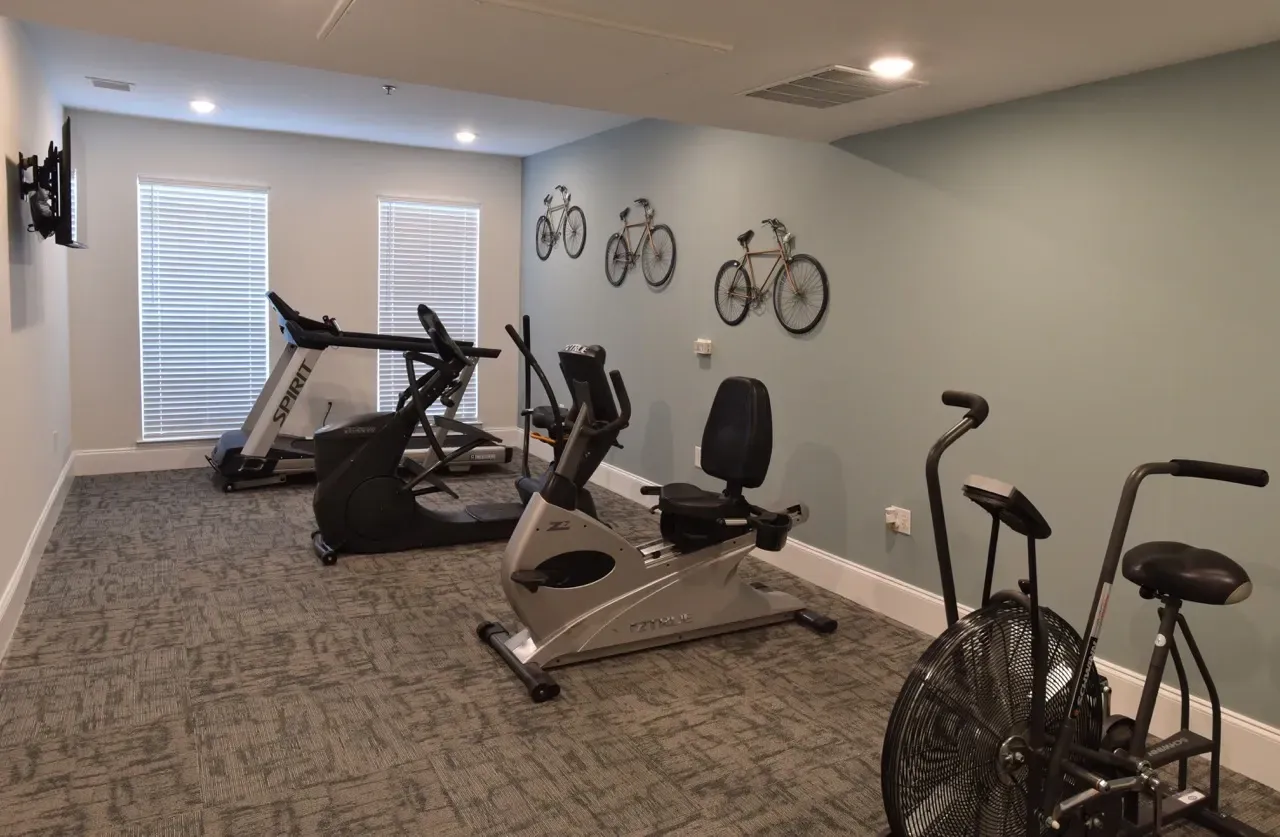 Interior community gym with treadmills, a stationary bike, a fan, and wall-mounted bike art.