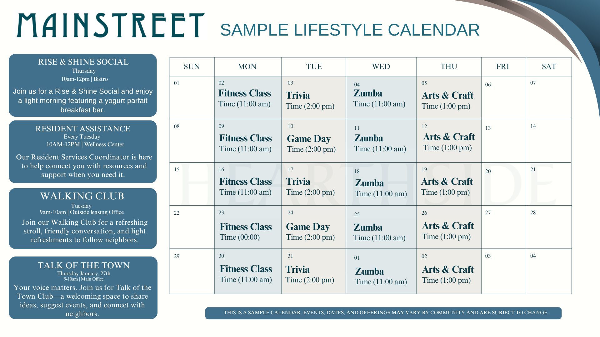 Heathside sample lifestyle calendar with blue sidebar and a weekly planning grid