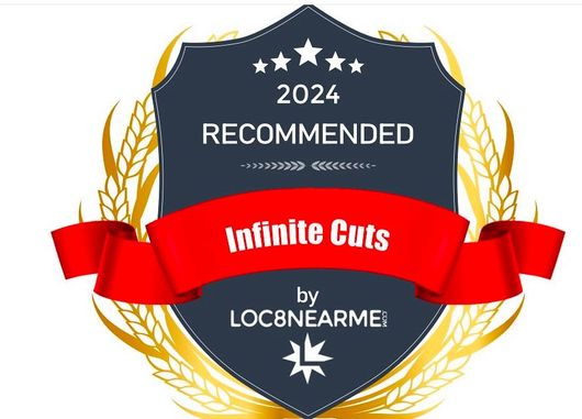 A shield with a red ribbon that says infinite cuts