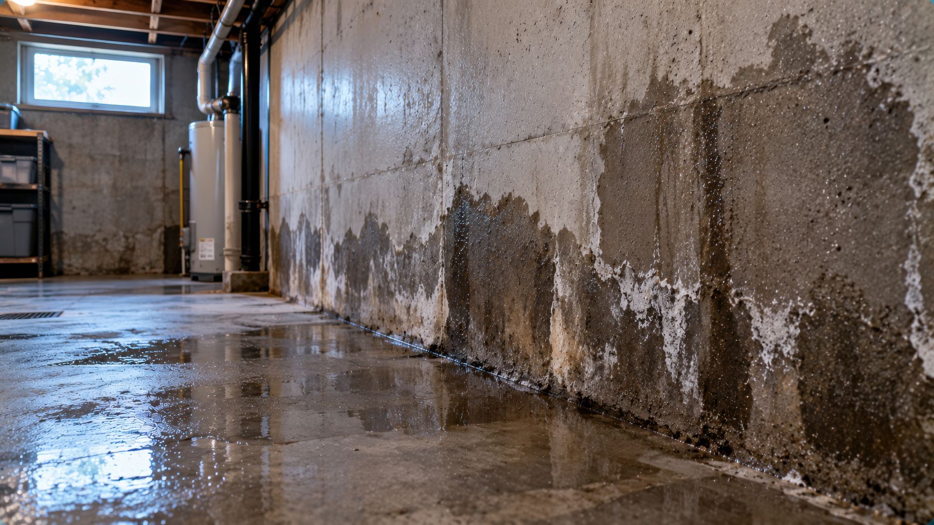 Wet concrete basement wall and floor with water streaks and efflorescence from water intrusion.