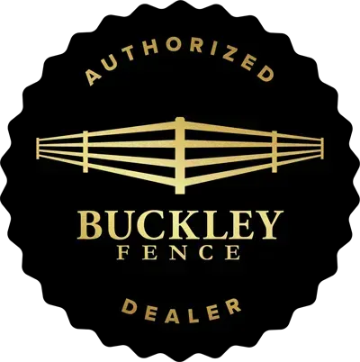 Authorized Buckley Fence Dealer seal, black and gold. Features a fence illustration within the design.