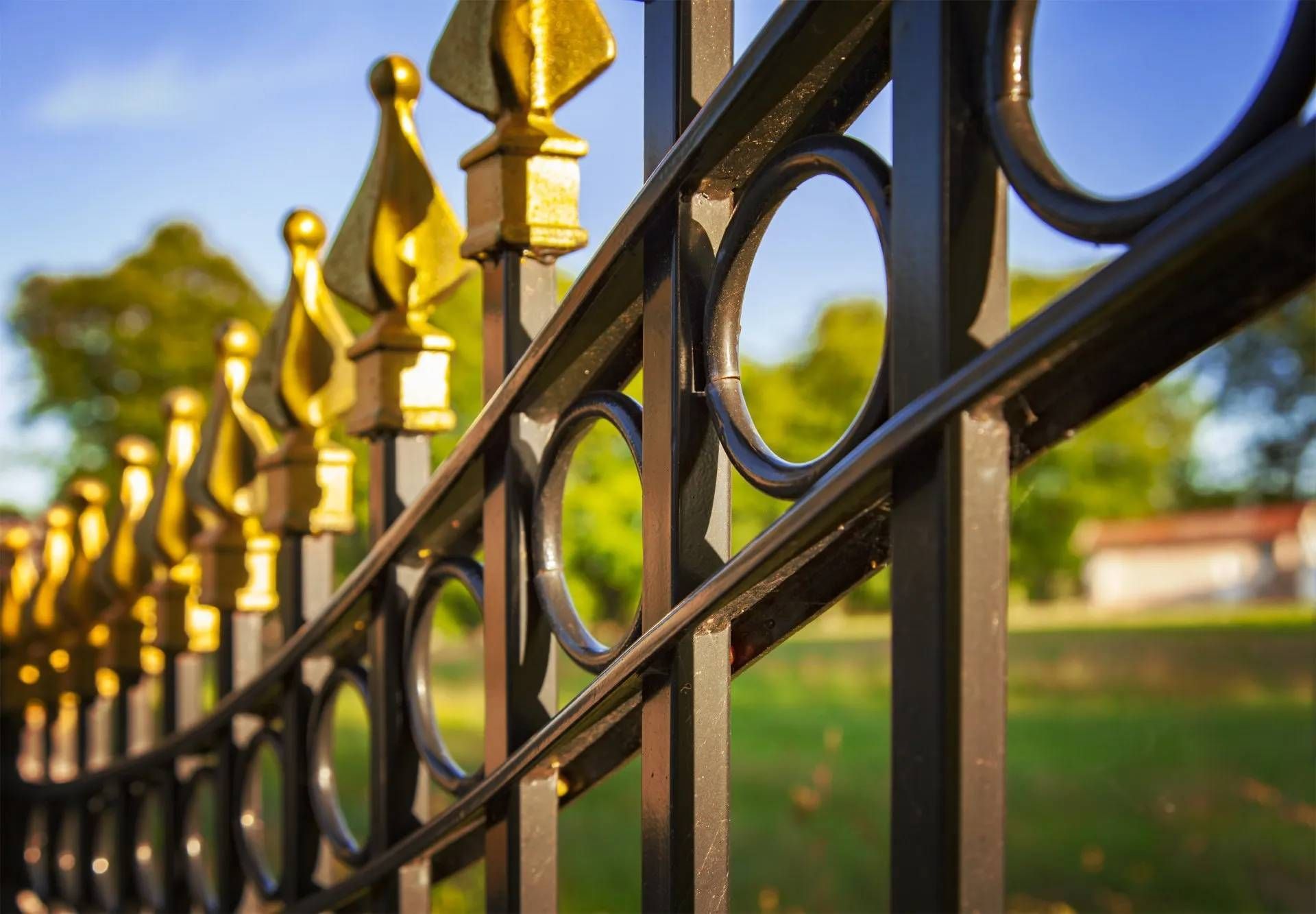 A close up of a wrought iron fence in a park.