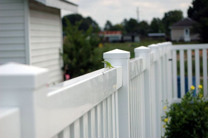 A white fence with a house in the background