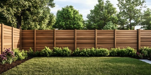 Wooden fence in a backyard with green grass, shrubs, and trees.