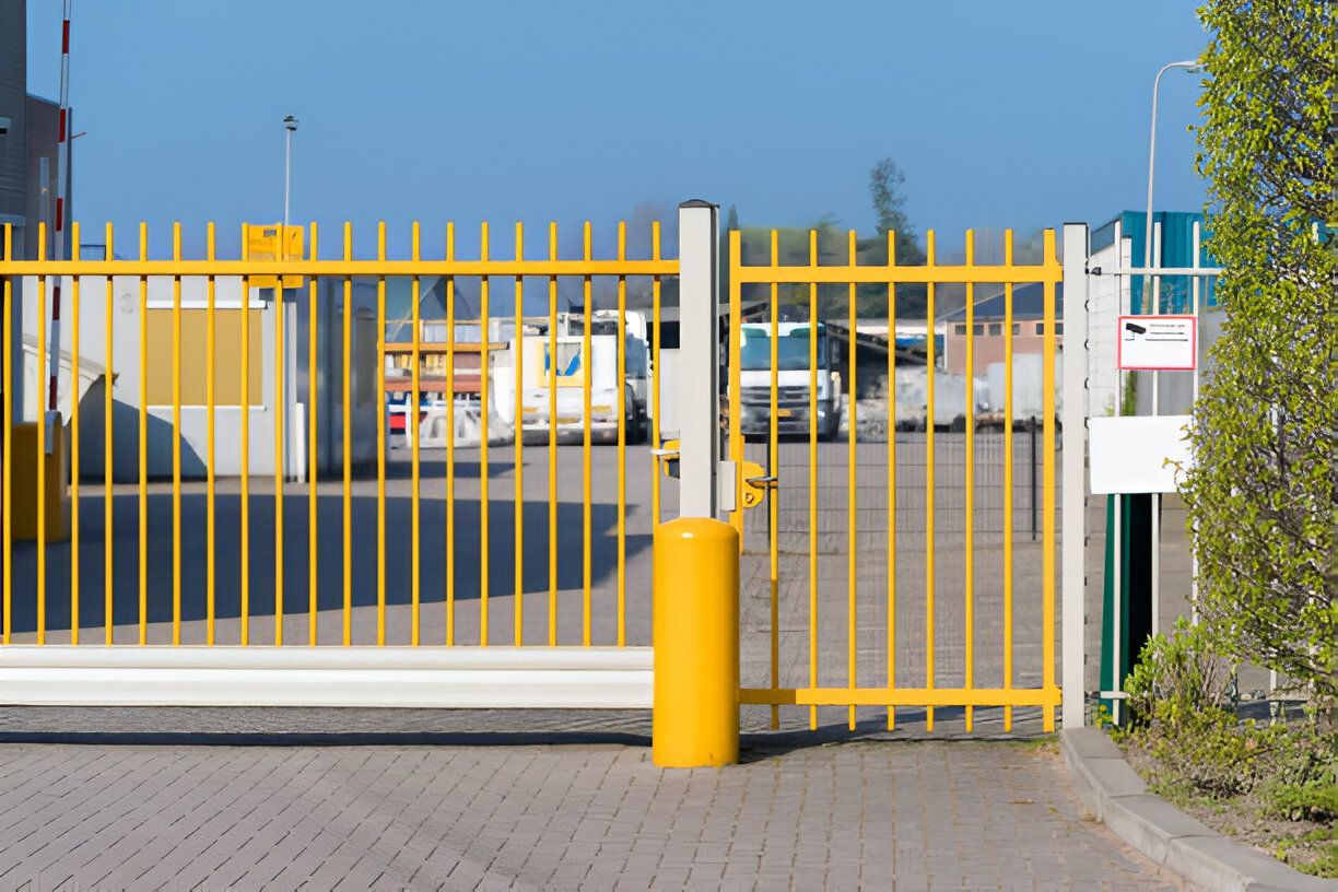 A yellow and white sliding gate is open to a parking lot.