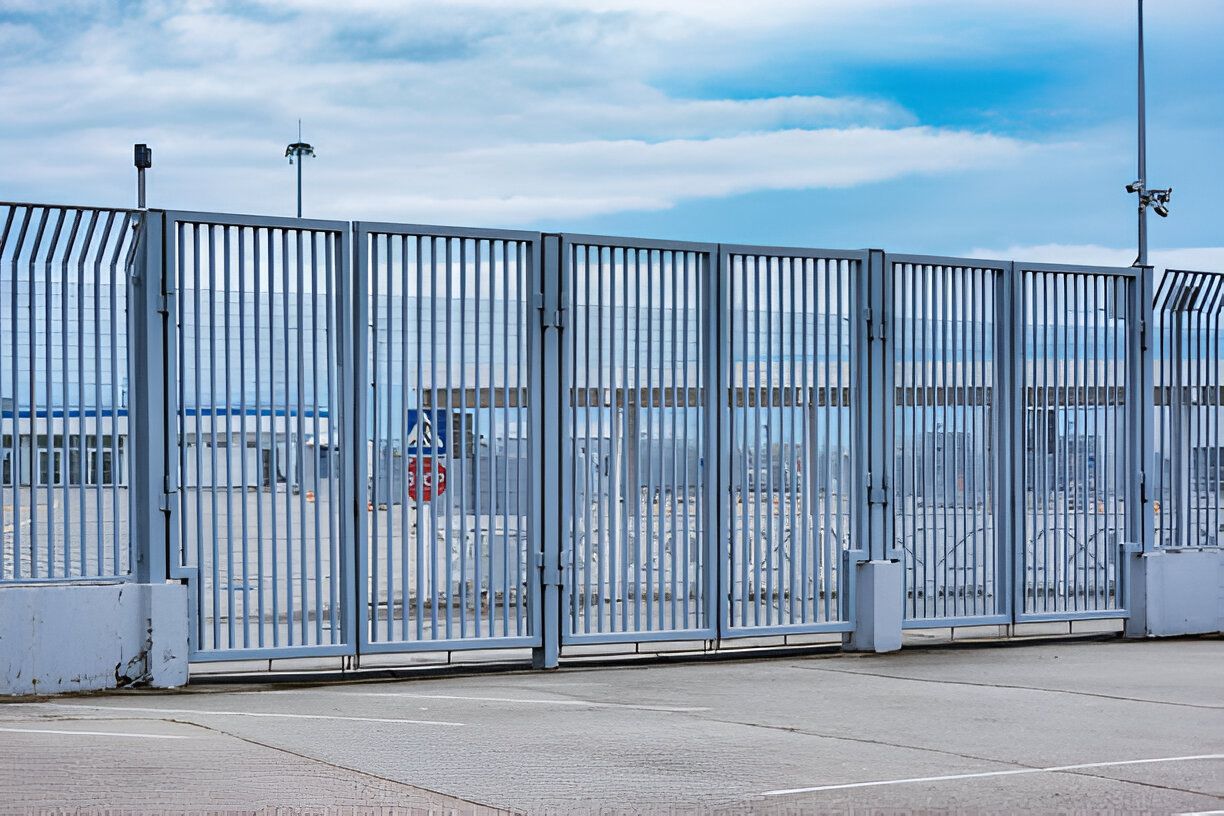 A metal fence surrounds a parking lot with a blue sky in the background.