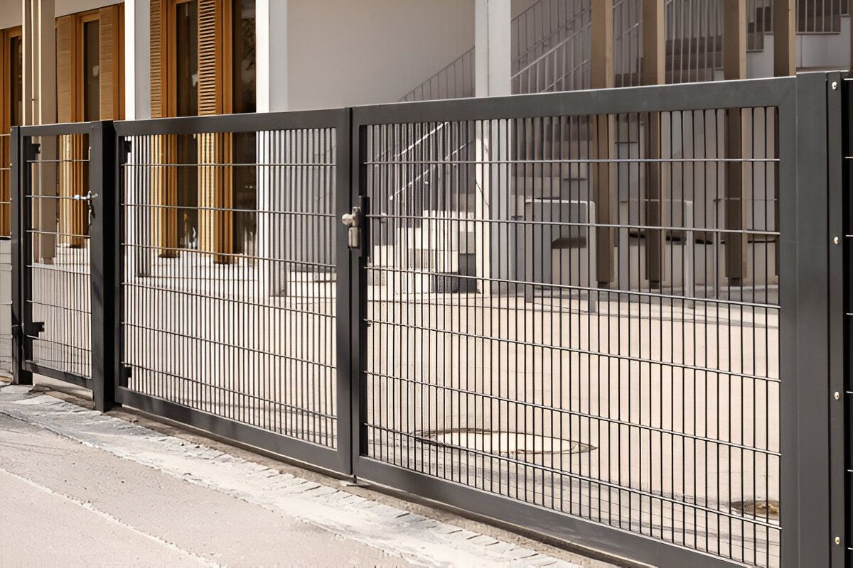 A black fence with a gate in front of a building.