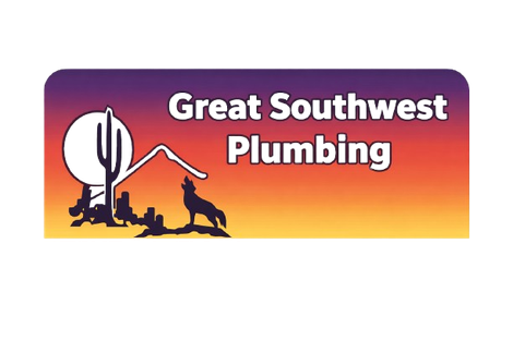 Logo for Great Southwest Plumbing with desert scene, howling wolf, and text on a sunset background.