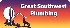 Logo for Great Southwest Plumbing with desert scene, howling wolf, and text on a sunset background.