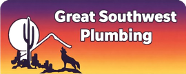 Logo for Great Southwest Plumbing with desert scene, howling wolf, and text on a sunset background.