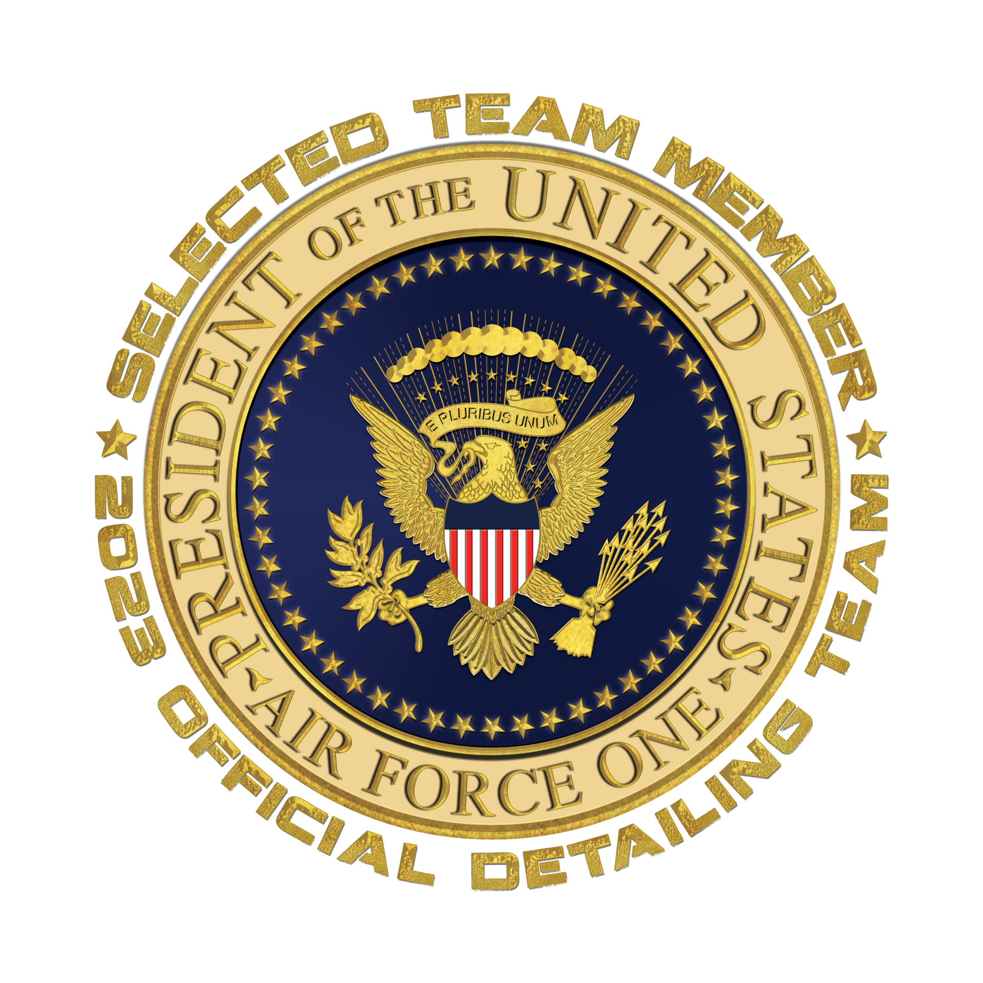 Gold and blue President Air Force One detailing team emblem. Features the presidential seal with text around it.