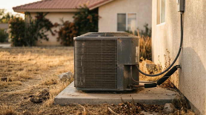 Outdoor air conditioning unit beside a house wall on a dry yard slab