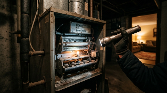 Person using a flashlight to inspect the inside of a furnace in a dim basement
