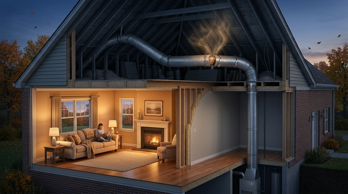 Cutaway house view showing a lit living room, fireplace, and exposed ductwork at dusk