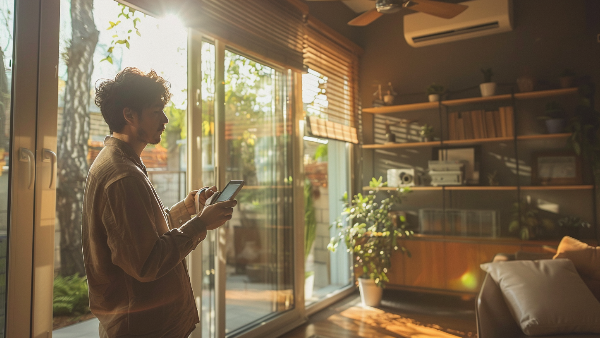 A man is standing in front of a sliding glass door holding a cell phone.
