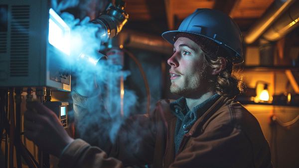 A man in a hard hat is working on an electrical box.