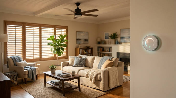 Bright living room with cream sofa, armchairs, coffee table, large window shutters, and ceiling fan