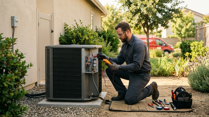 Technician kneeling beside an outdoor AC unit, using tools in a sunny yard.