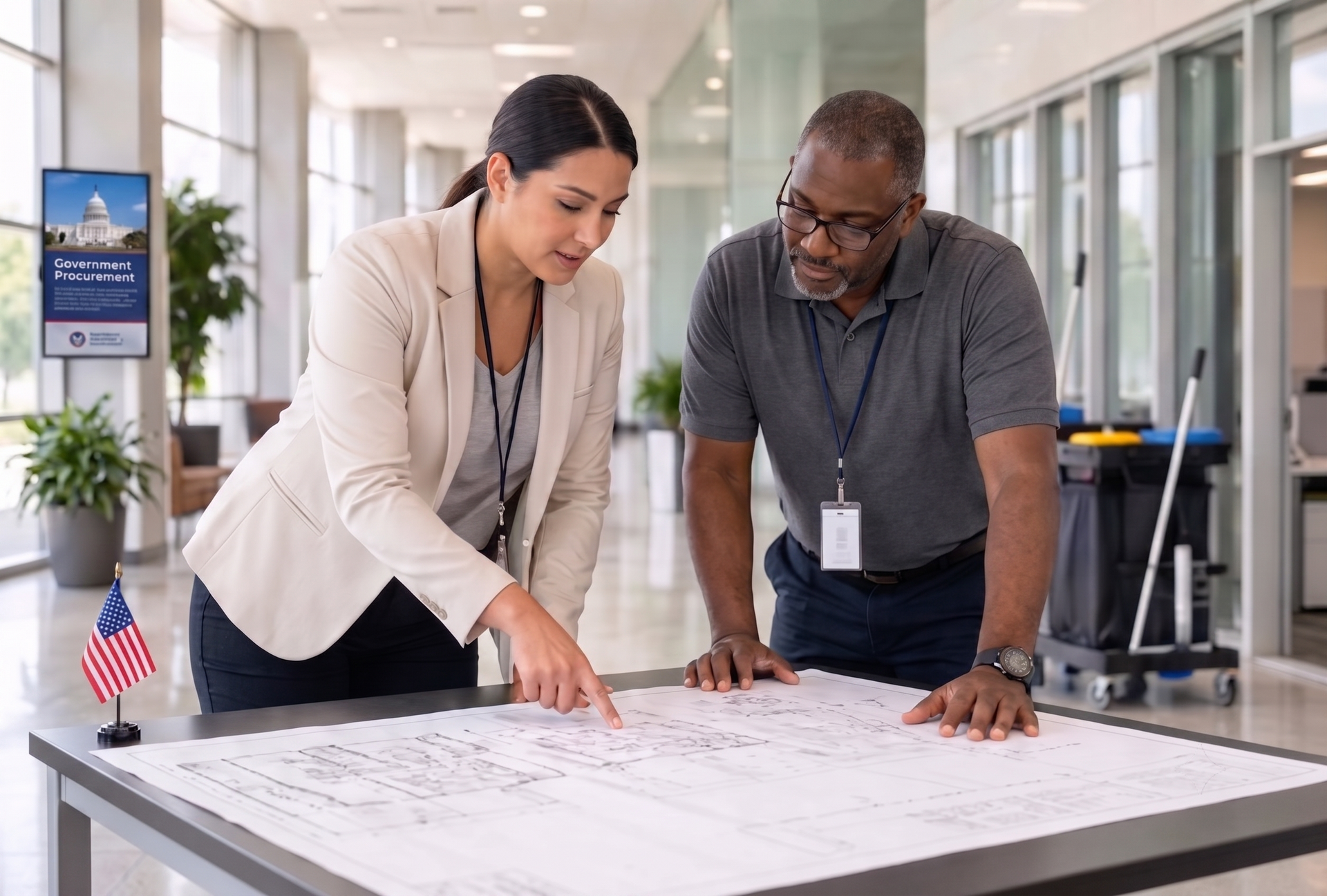 Team reviewing blueprints in an office