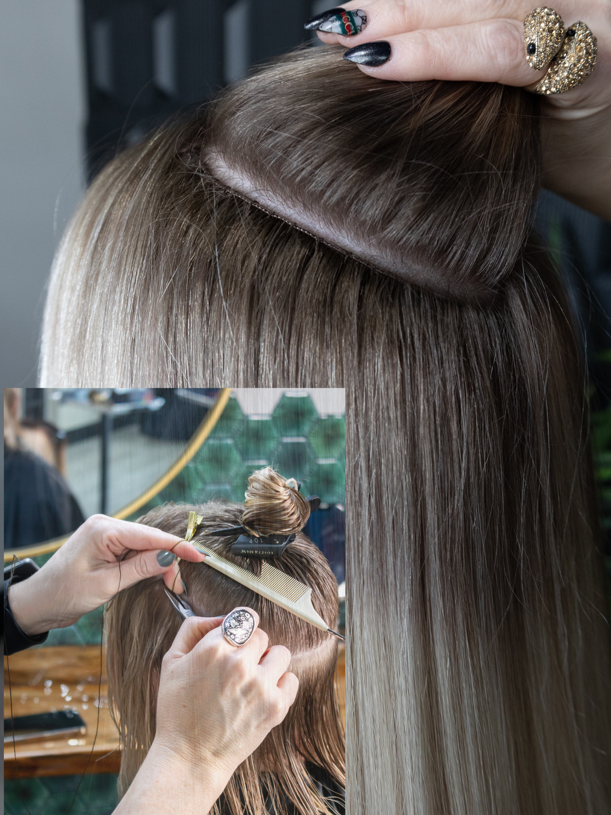 A woman is getting her hair done by a hairdresser.
