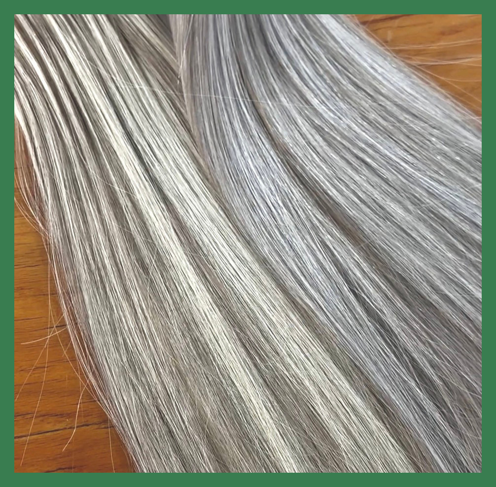 Custom silver white and gray hair extensions before installation