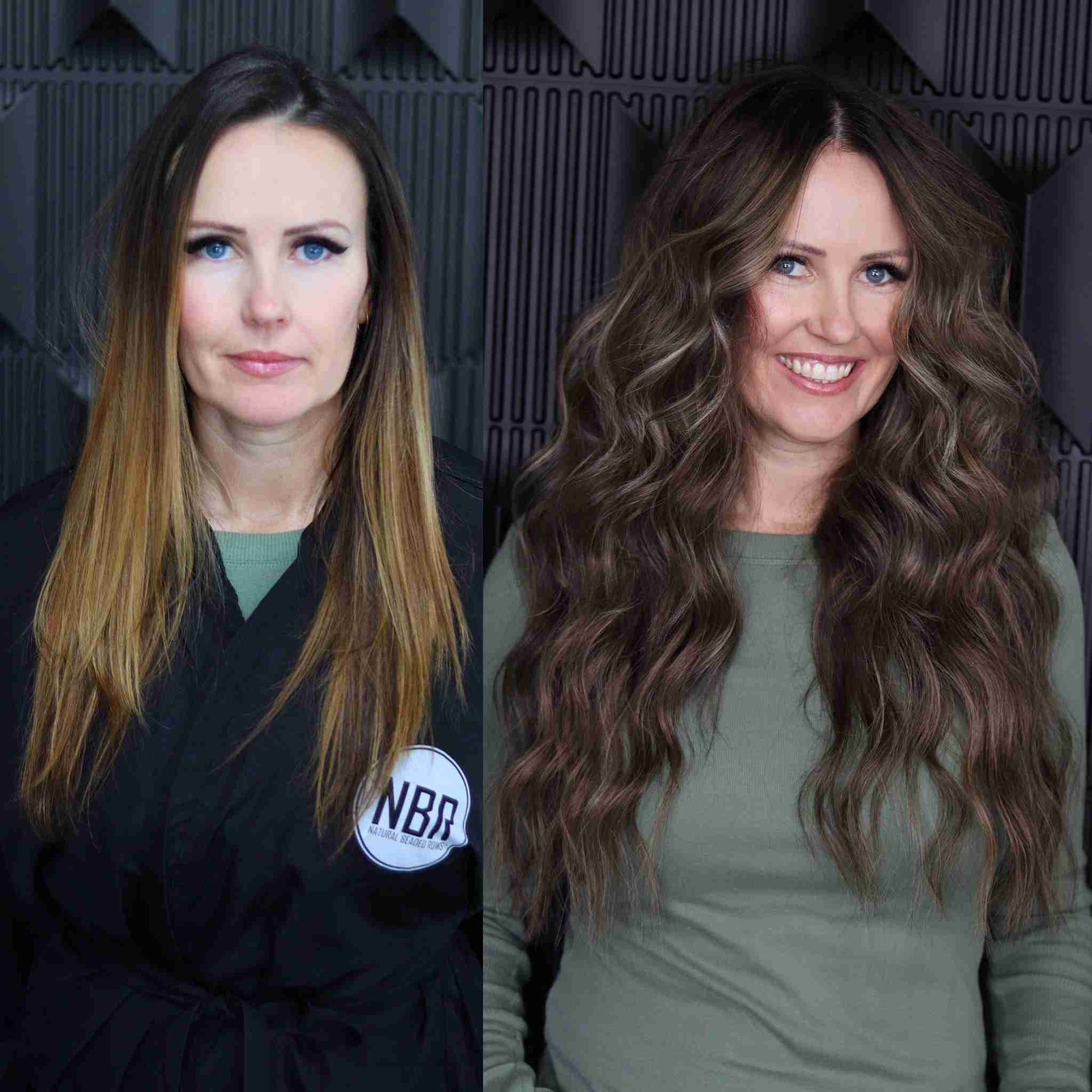 Two women with long hair are standing next to each other in front of a wall.
