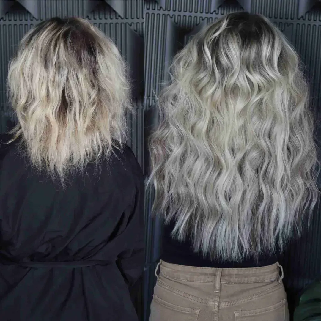 Before and after blonde hair extension transformation showing both clients' full crowns