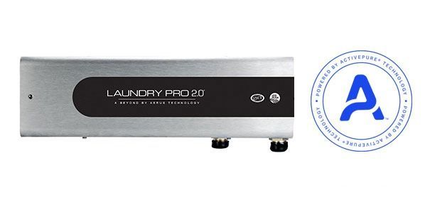 Silver Laundry Prode device with black display panel next to a blue circular logo on white background