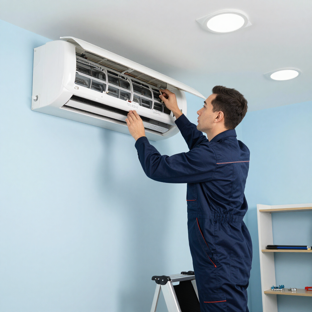Technician repairing a wall-mounted air conditioner indoors using a step stool