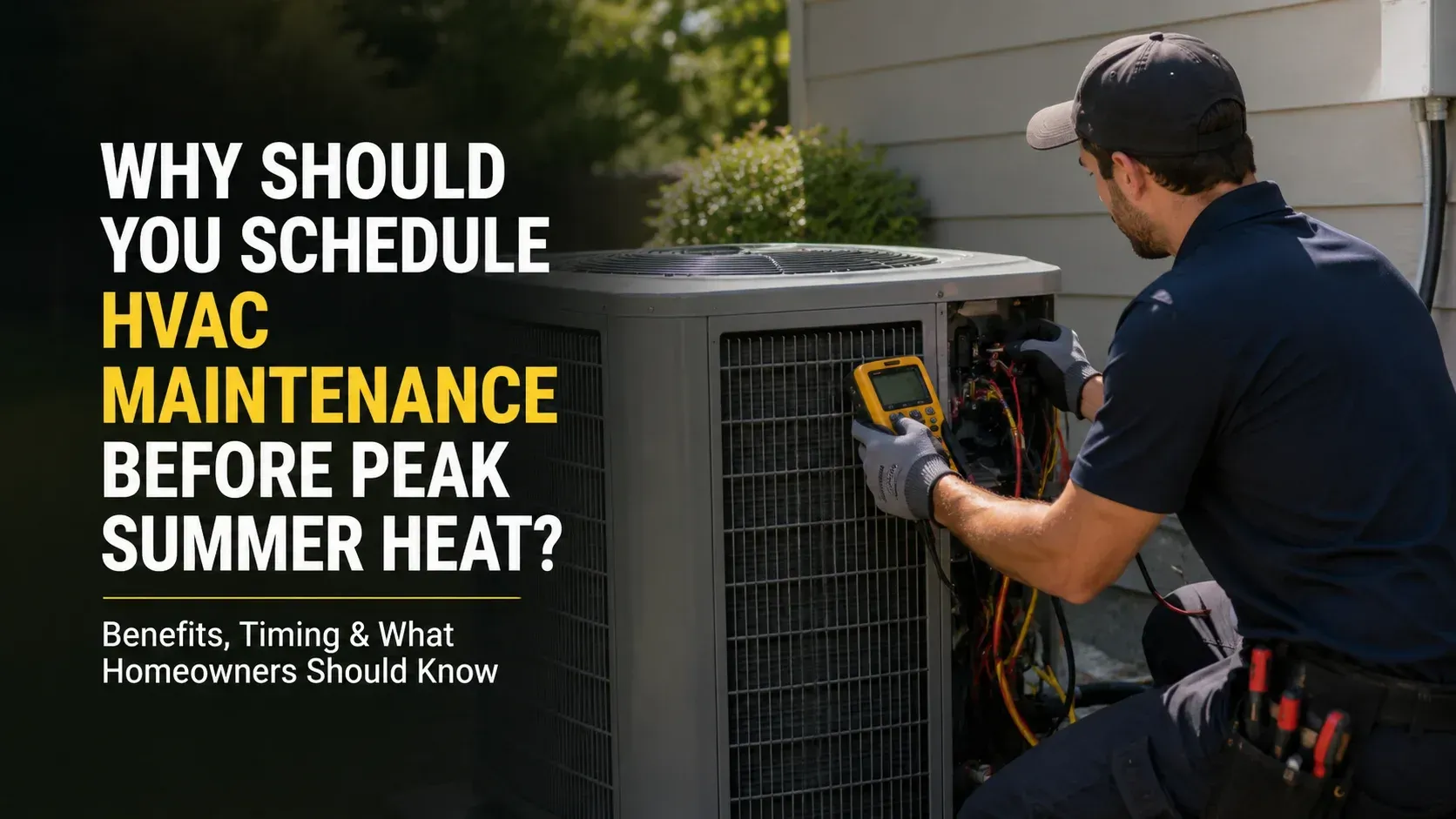A professional technician performing routine HVAC maintenance on an outdoor AC condenser unit by inspecting the electrical wiring and components.