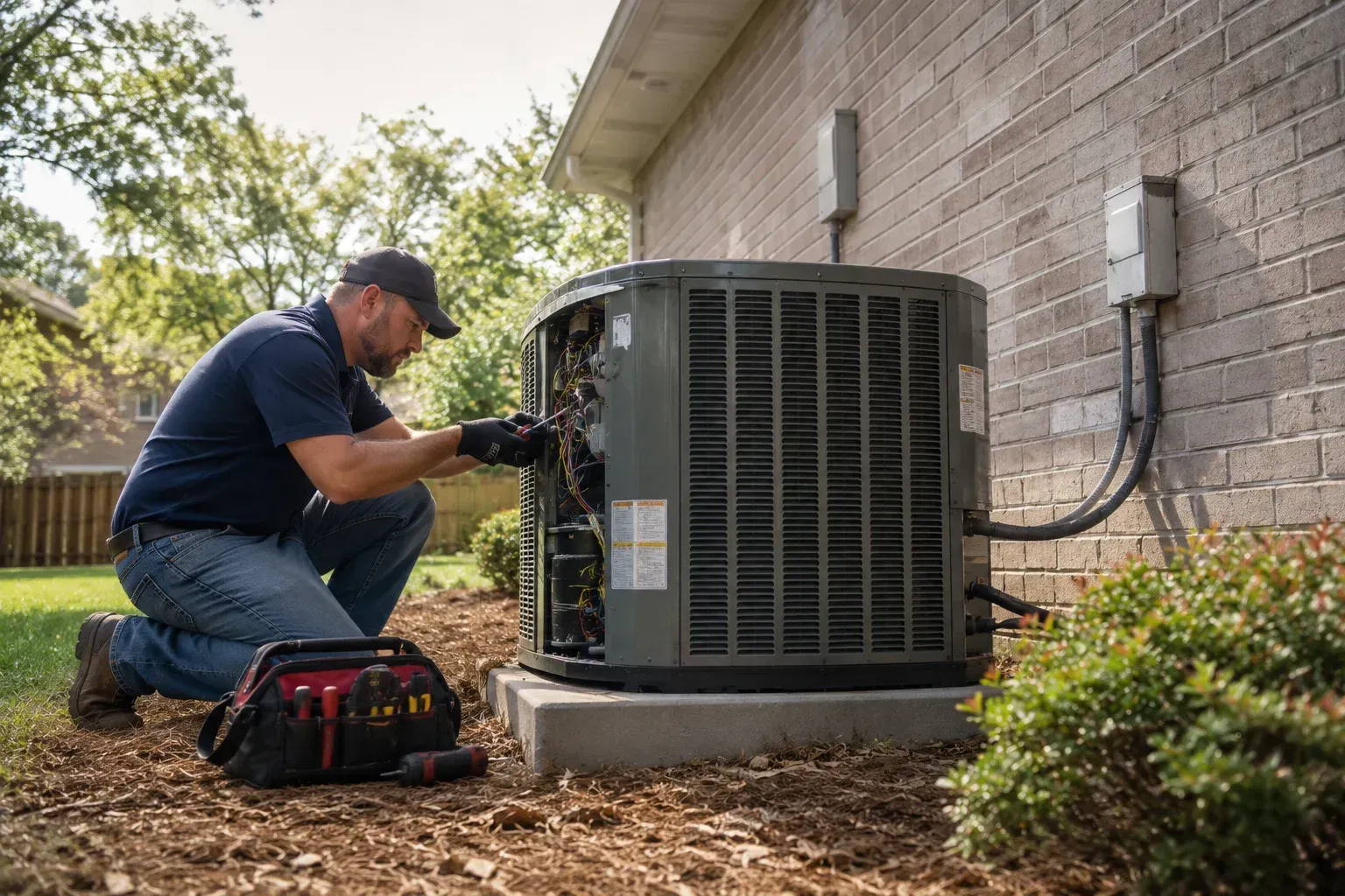 Technician repairing an outdoor AC unit: how often should you replace your HVAC system in Albertvill