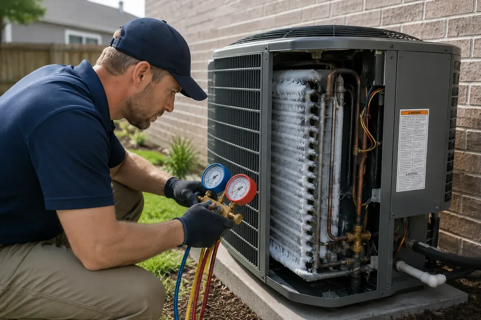HVAC tech servicing a frozen air conditioner unit: what causes an air conditioner to freeze up.