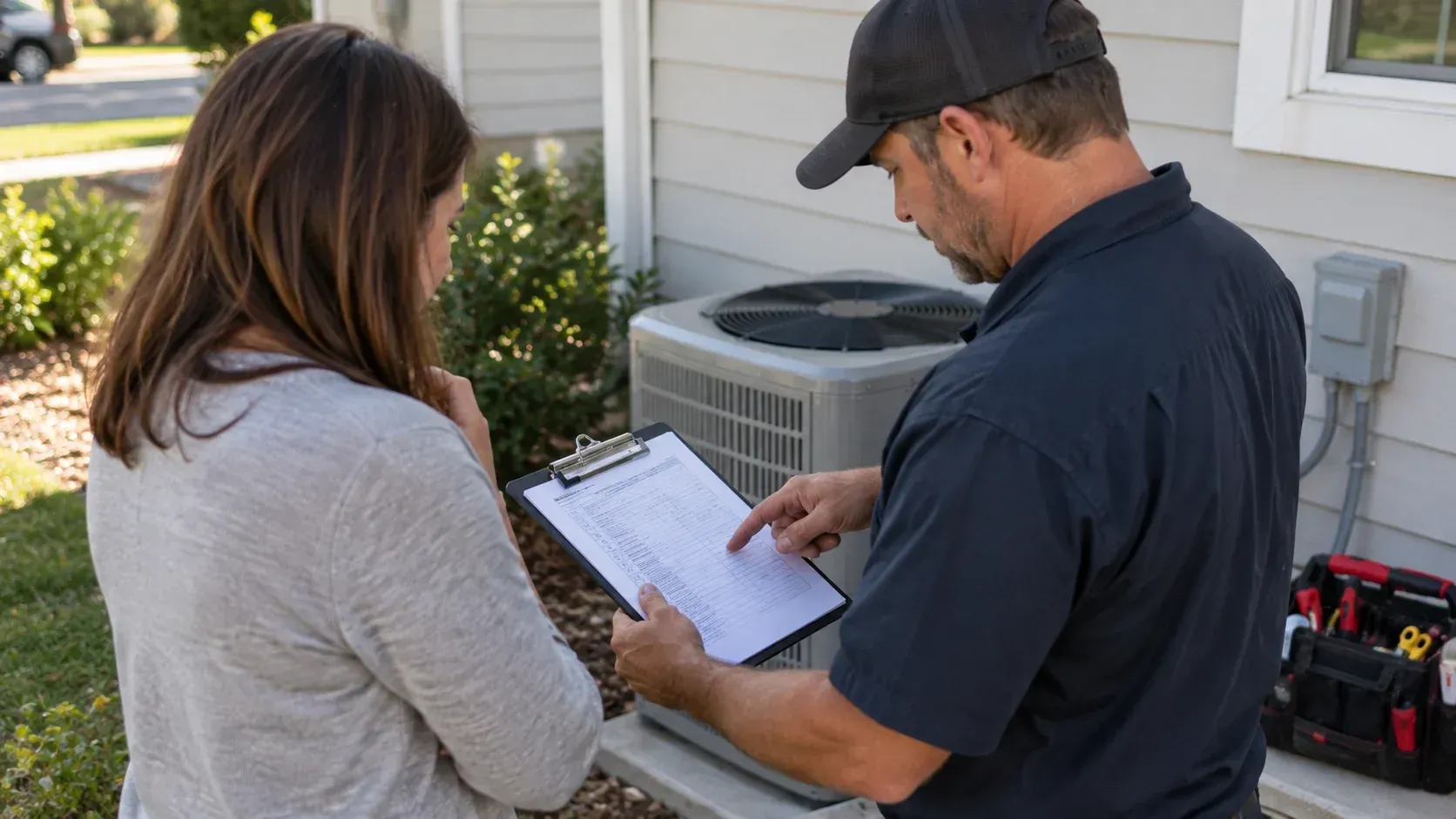 Tech explaining HVAC warranty maintenance to a homeowner outdoors.