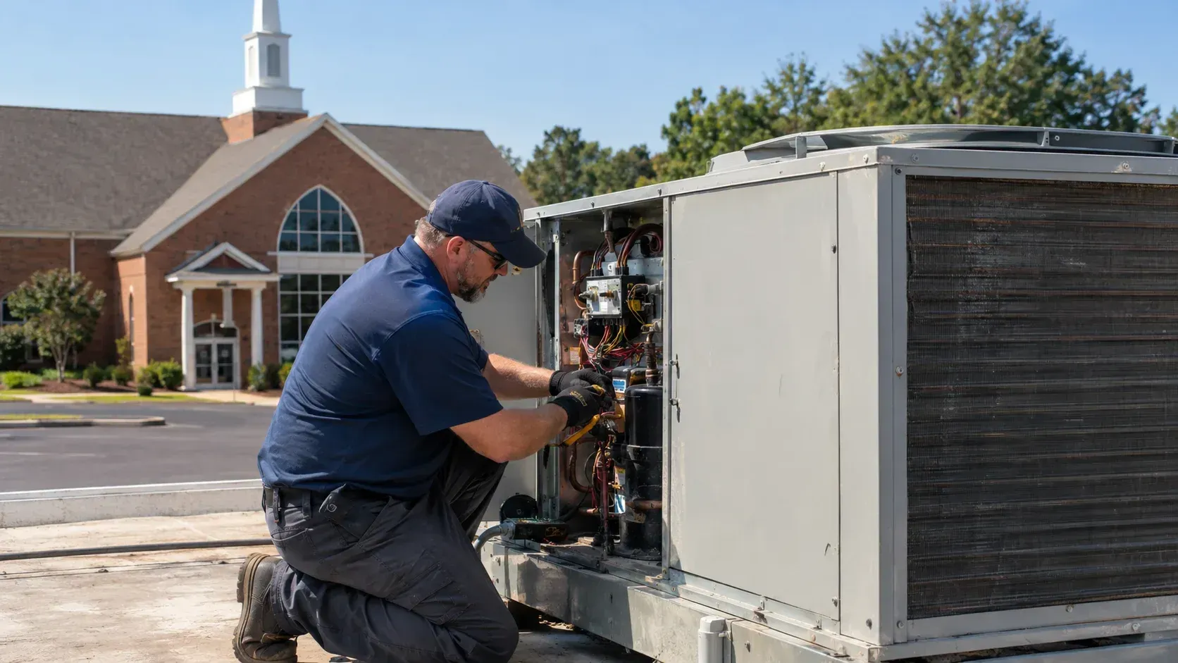 Managing Comfort in Large, Occasionally-Used North Alabama Spaces — Technician on rooftop.