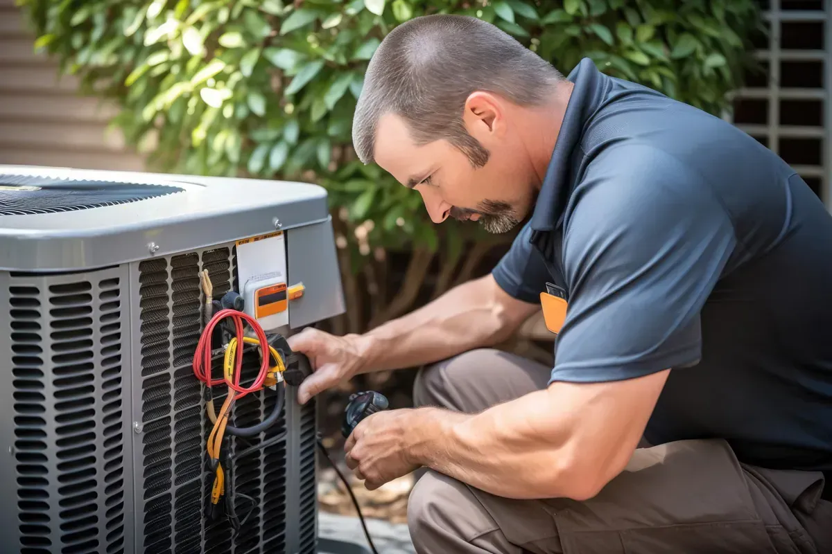 HVAC technician kneeling, working on outdoor air conditioning unit, using tools.
