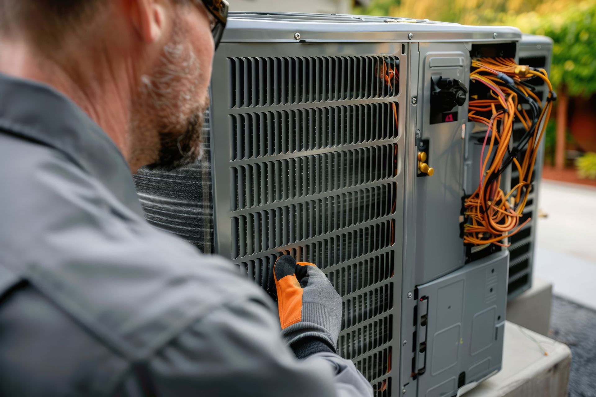 HVAC technician inspecting an air conditioning unit outside, holding a tool. Wires and electrical components visible.