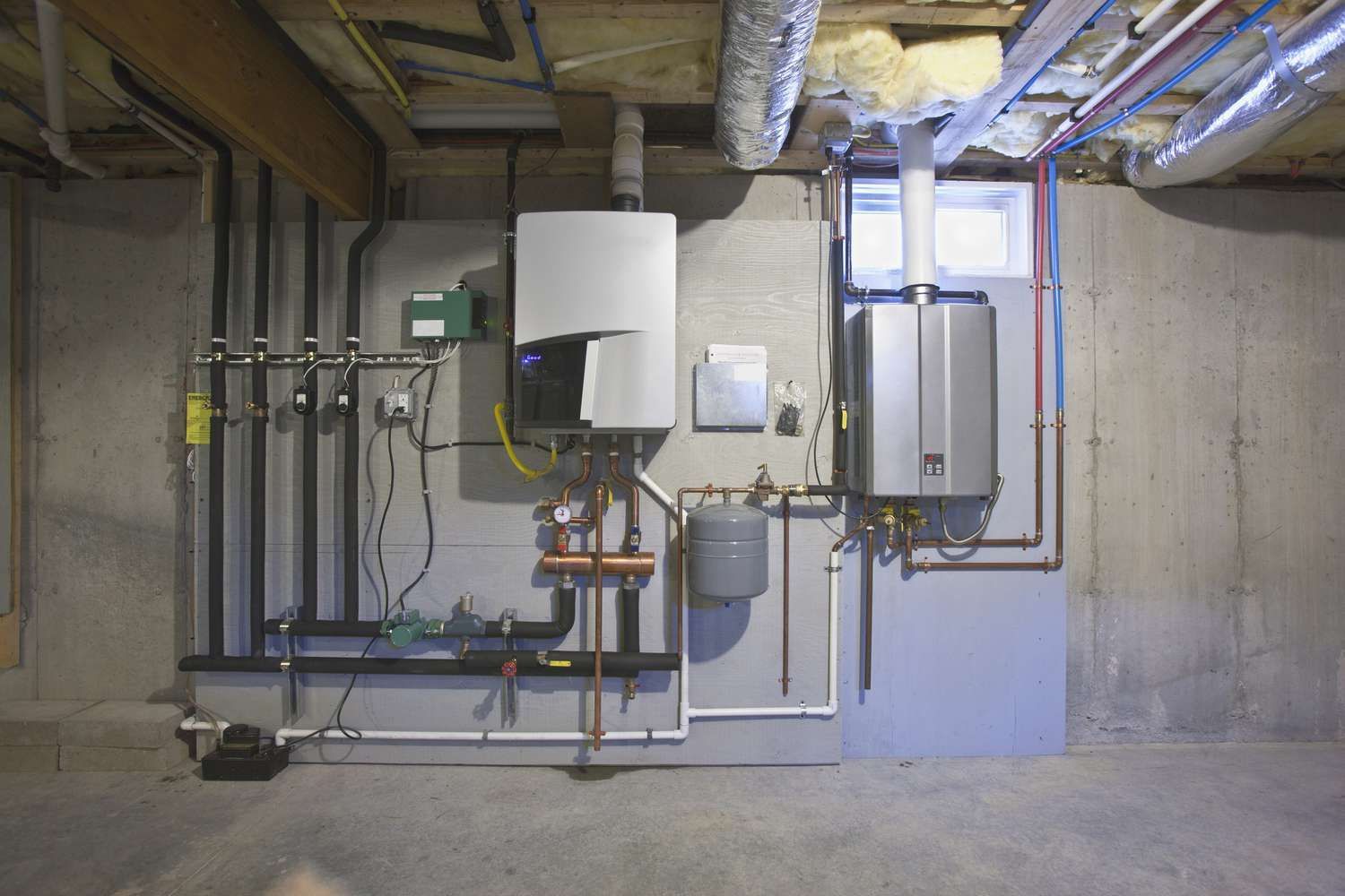 A basement utility room with a wall-mounted boiler and water heater connected by pipes.