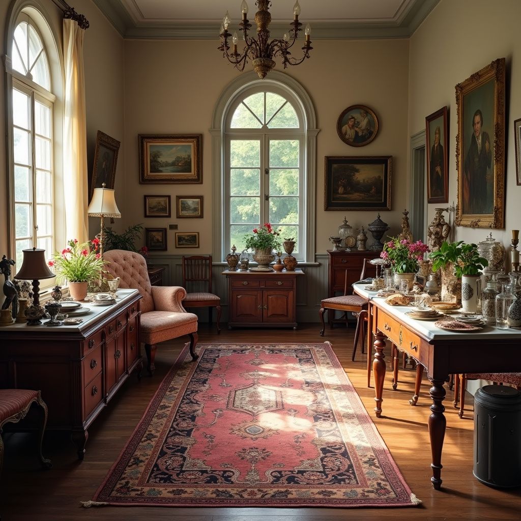 Elegant room with antiques, ornate rug, sunlight streaming through arched windows.