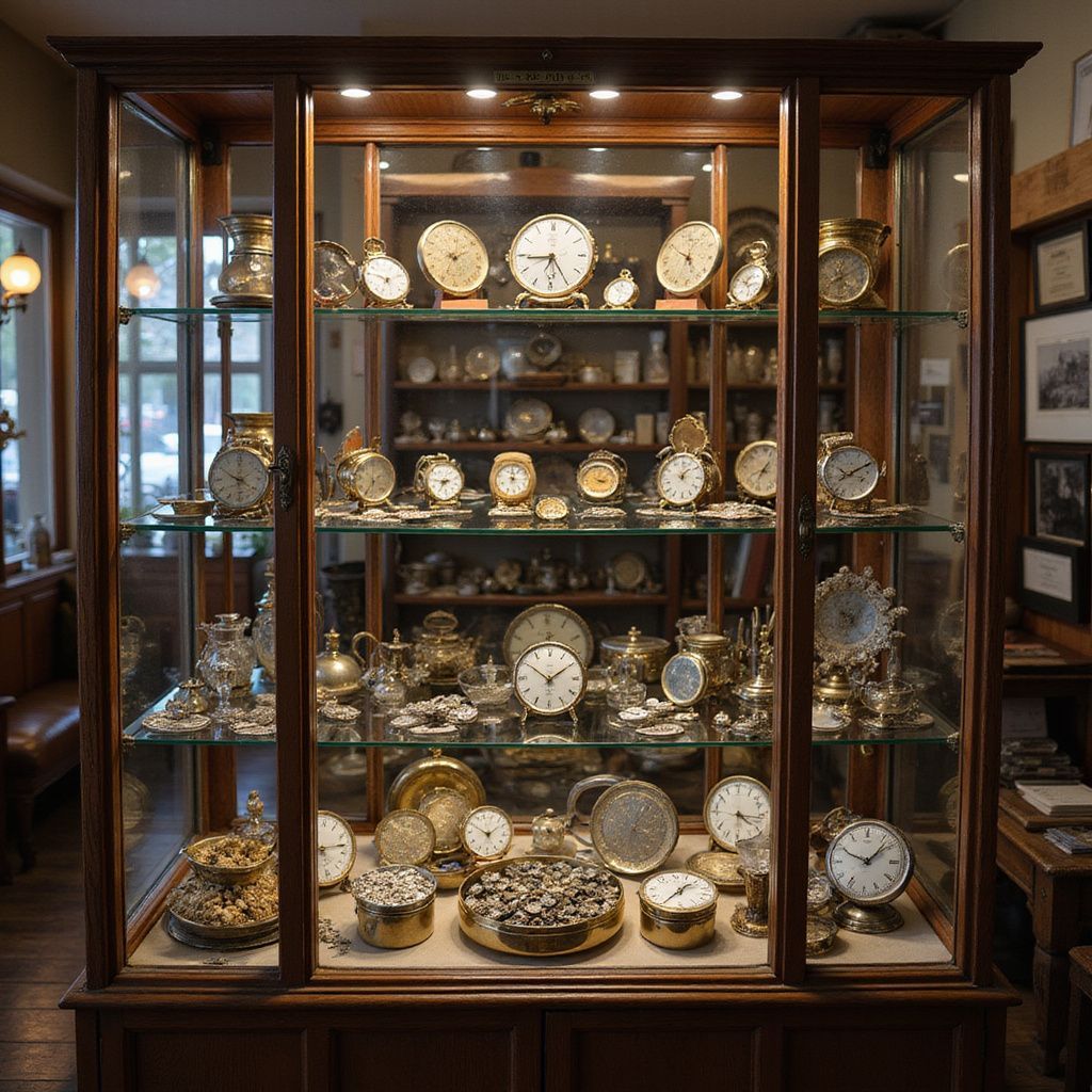 Wooden display cabinet filled with antique clocks and silverware.
