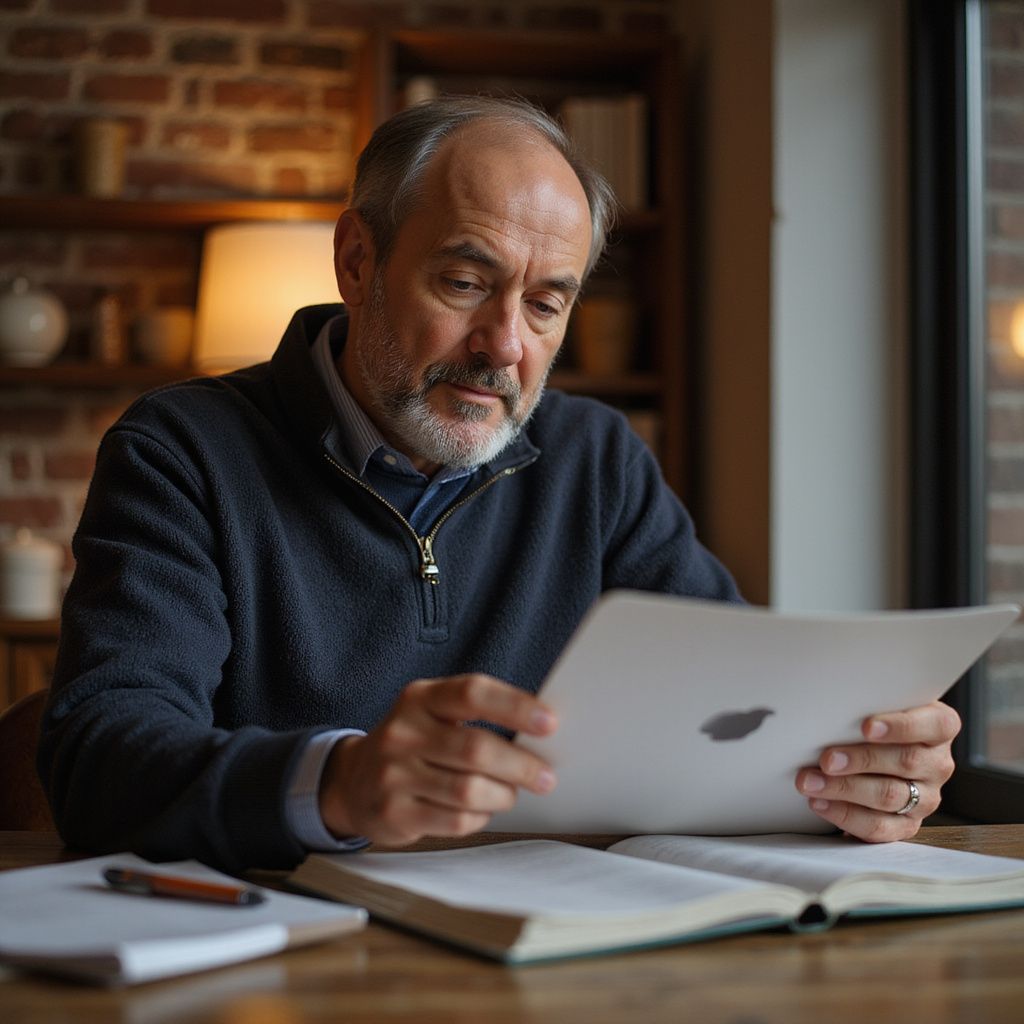 Man with gray hair, sweater, and open book, looking at a laptop in a cozy, brick-walled room.