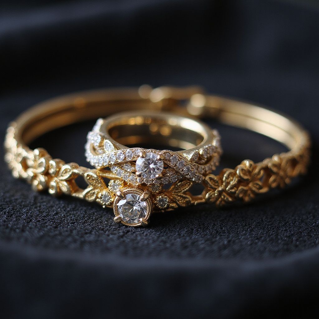 Gold engagement ring and matching bangle on a dark surface, featuring diamonds and floral details.