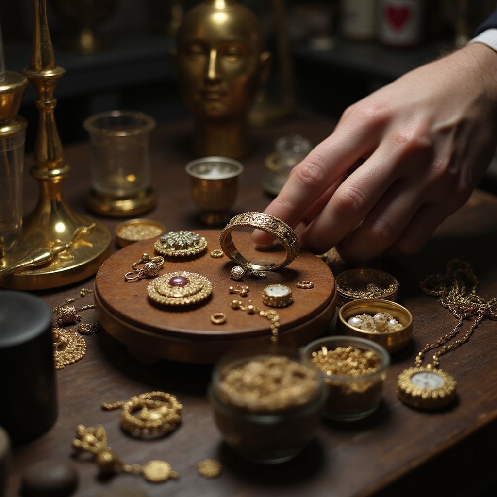 Hand selects ornate gold bracelet from a display of antique jewelry on a wooden table.