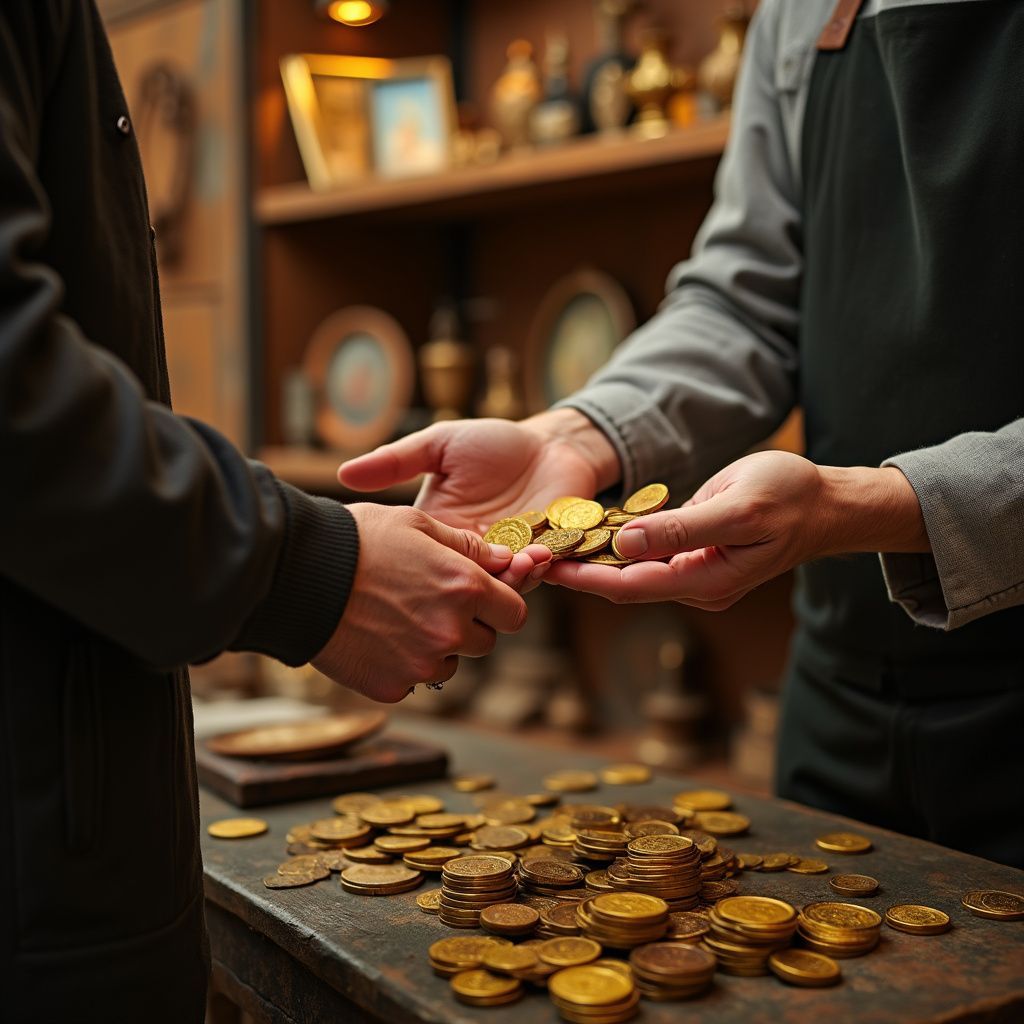 Person exchanging gold coins with another person over a counter; shop interior.