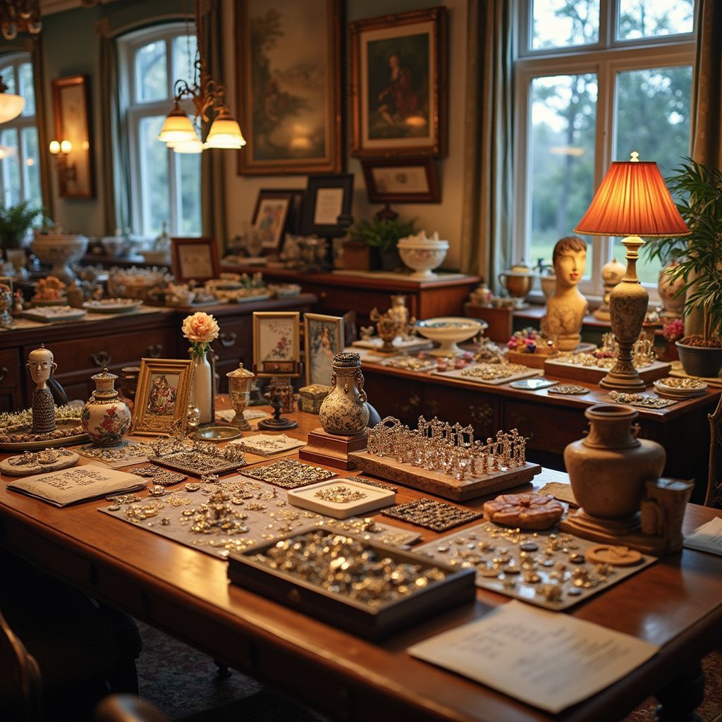 Antique shop interior with tables covered in jewelry, sculptures, and various decorative items.