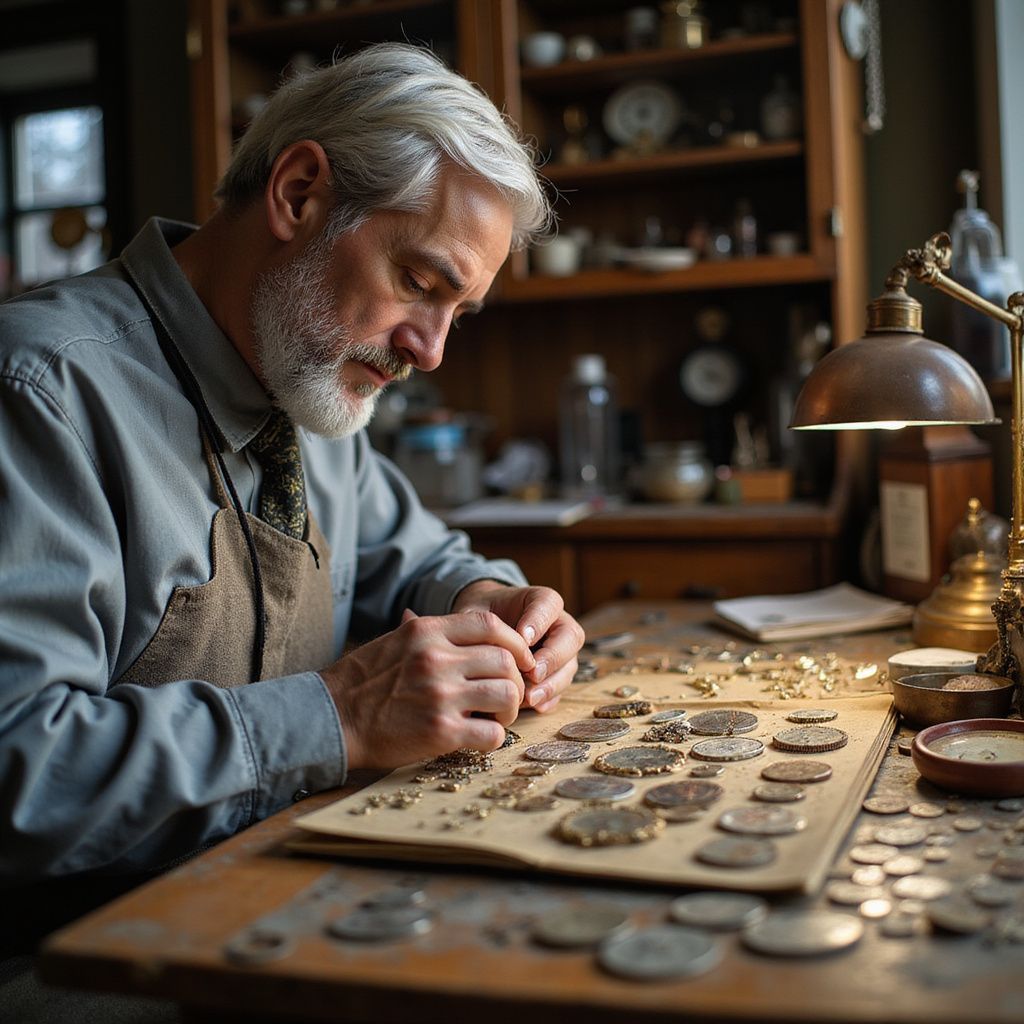 A craftsman examines coins at his workbench in a dimly lit room, with tools and a lamp nearby.