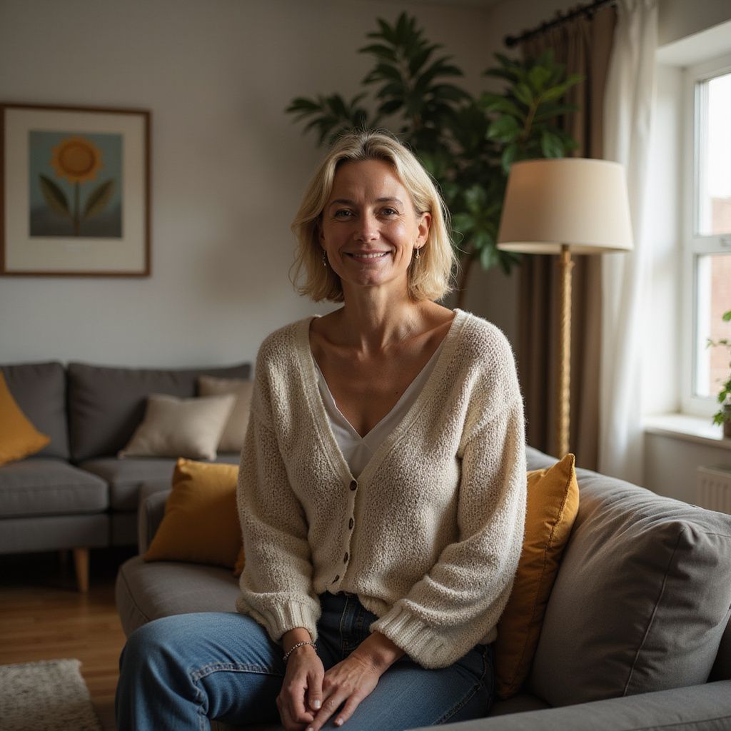 Woman smiling, sitting on a gray couch in a living room. Wearing a cream cardigan and jeans.
