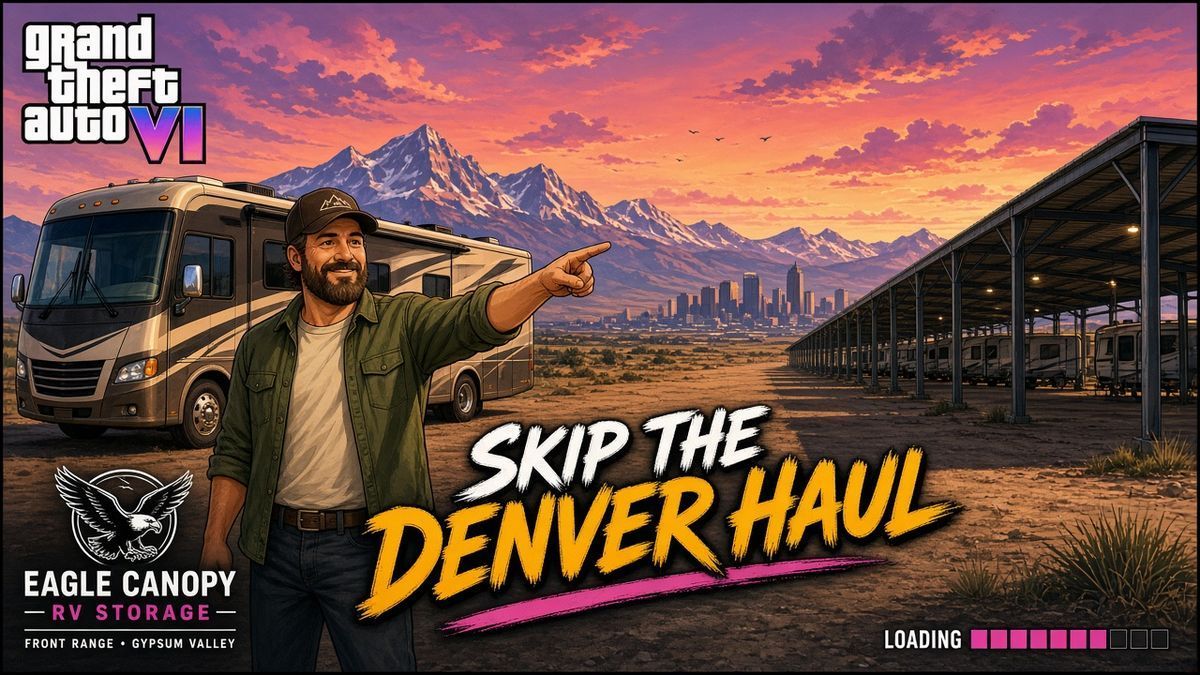 GTA-style illustration of a Front Range RV owner choosing Gypsum covered storage instead of hauling to Denver