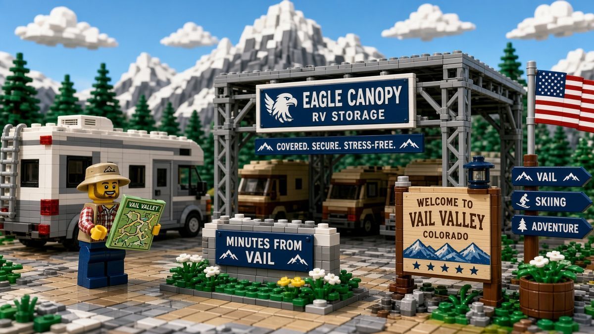 Lego-style covered RV storage scene for drive times from Vail, Edwards, and Avon to Gypsum
