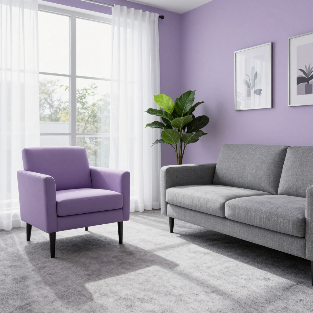 Un sillón morado y un sofá gris en una habitación con paredes de color lila claro, cortinas transparentes