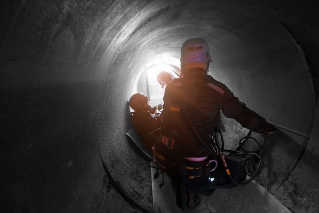 Worker with a torch inside a confined space pipe